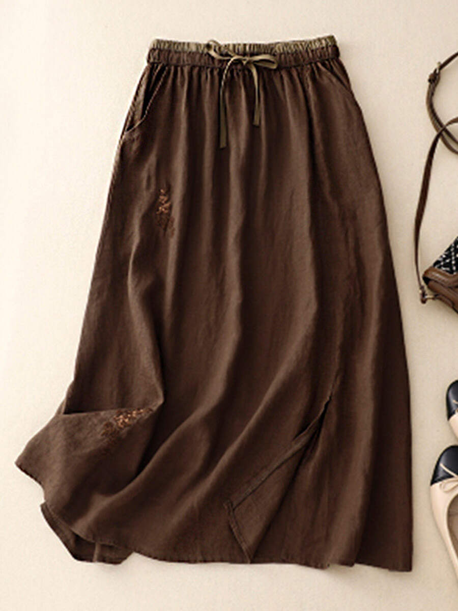 🔥Summer Arrivals🌟Women's Artistic Embroidery Elastic Waist Colorblock A-Line Loose Linen Skirt