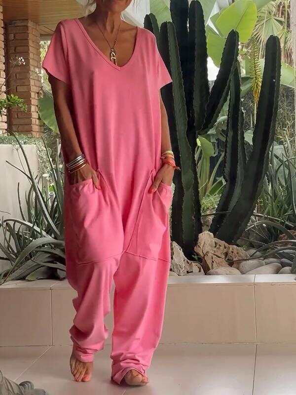 🔥Summer Arrivals🌟Casual V-neck Solid Color Jumpsuit