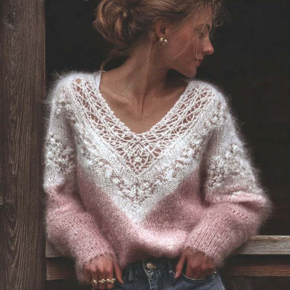 Women's Vintage Plush Hollow-out V-neck Sweater