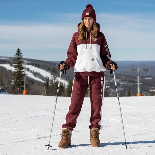 Quilted Hoodie and Jogger Set for Winter Outdoors- Red wine