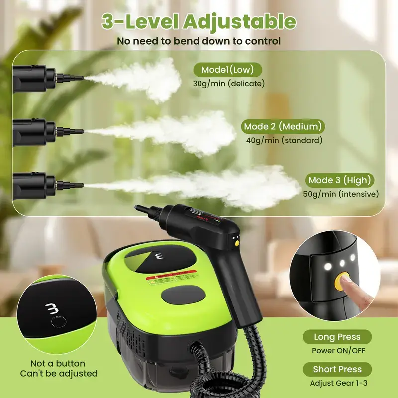 Household and car steam cleaner, 1500W power, 3-Level Adjustable, 1.4L large-capacity water tank, comes with 15 accessories, handheld steam cleaner, suitable for fine cleaning of cars, kitchen grease, tile grout cleaning, and furniture cleaning.