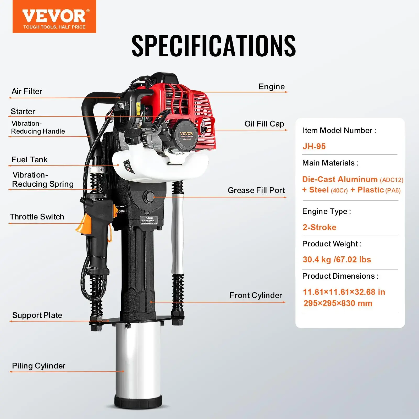52cc Gas-Powered T Post Driver,2-Stroke Engine Gasoline Fence Piling Pounder, 1300W Portable Piledriver with 3 Post Driving Head(49/69/100 mm) , For Farm, Ranch Fencing, Road Improvements