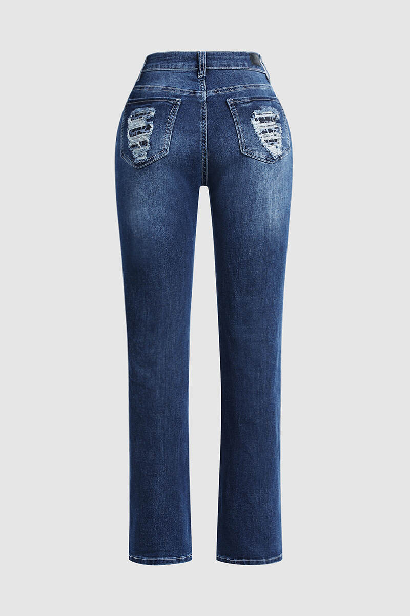 Vintage Stripe Print Ripped Mid Waist Jeans