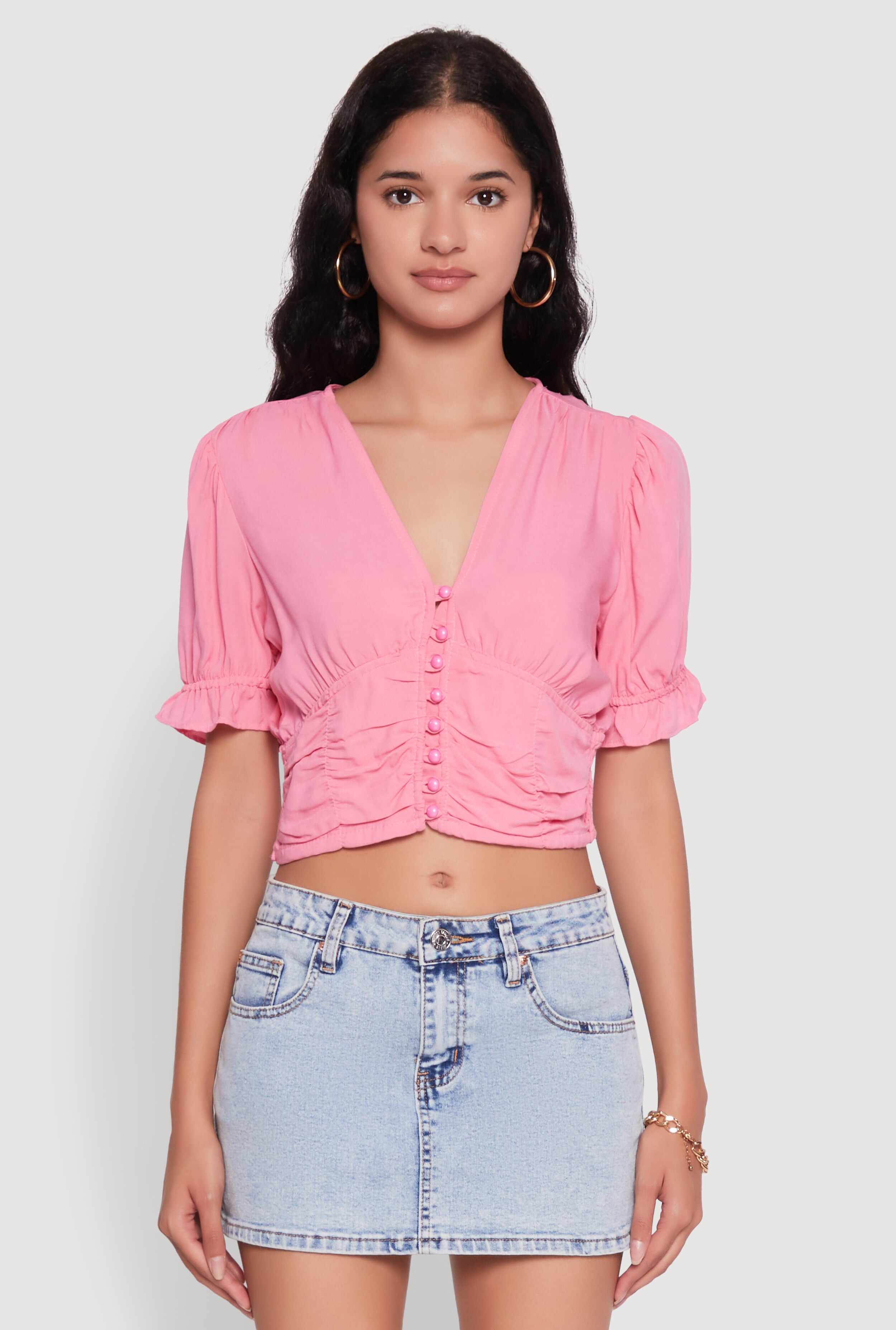 Trendy Puff Sleeve Button Front Peasant Crop Top