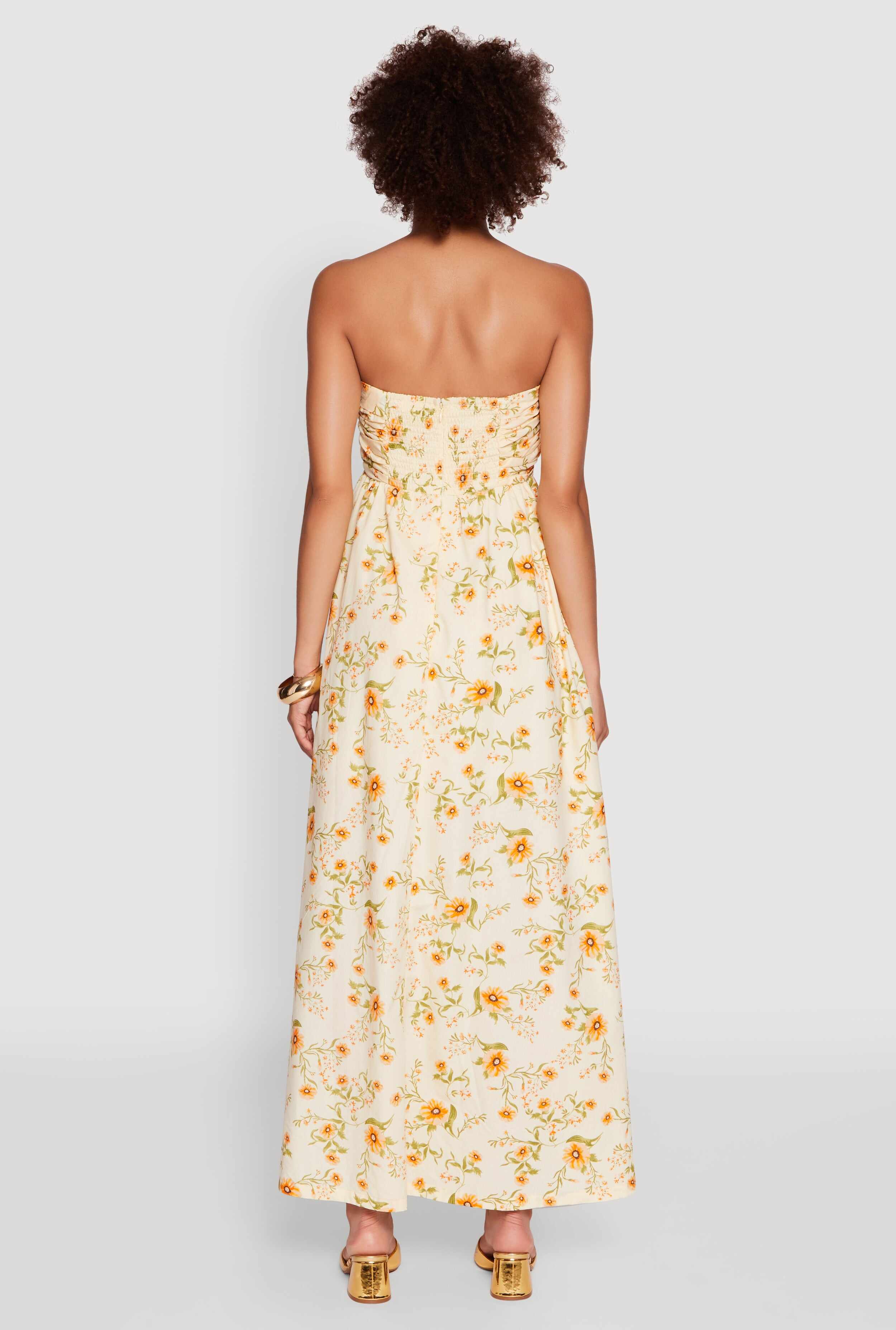 Floral Strapless Pleated Maxi Dress with Pockets