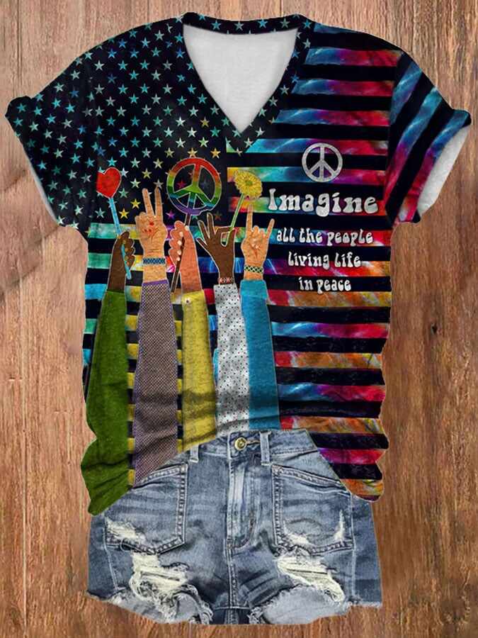 V-neck Hippie Imagine All The People Living Life In Peace Print T-Shirt