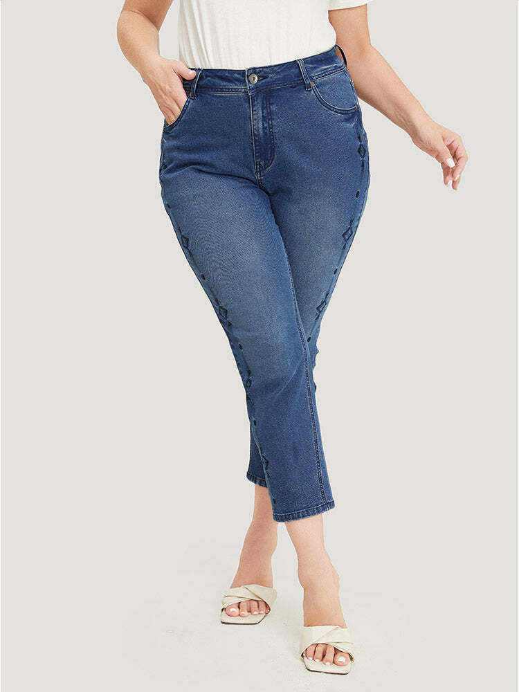 Very Stretchy Medium Wash Geometric Embroidered Jeans