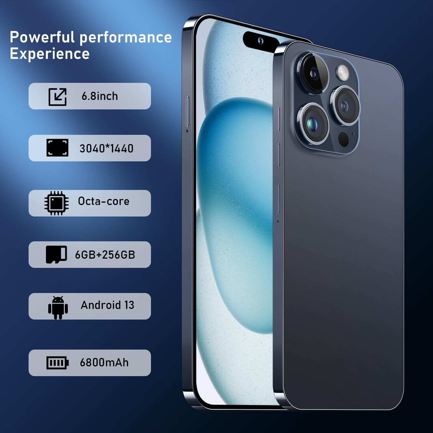 A15 Pro Max Smartphone, 6+256GB Unlocked Phone, Android 13.0, 48+108MP Zoom Camera, Long Battery Life 6800mAh, Dual SIM, 6.7“ HD Screen,5G Phone