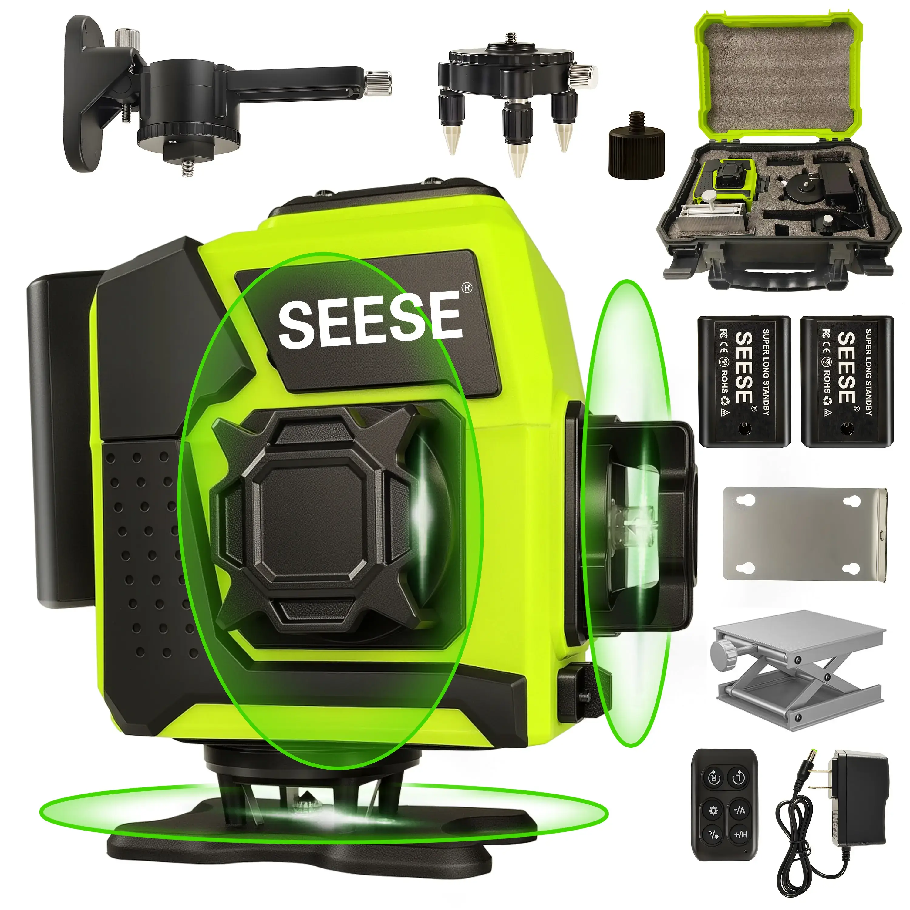12-Line Green Laser Level 3x360° Self-Leveling Remote Control Dual Batteries Full Accessories for Tile Cabinet Home Improvement Greenish