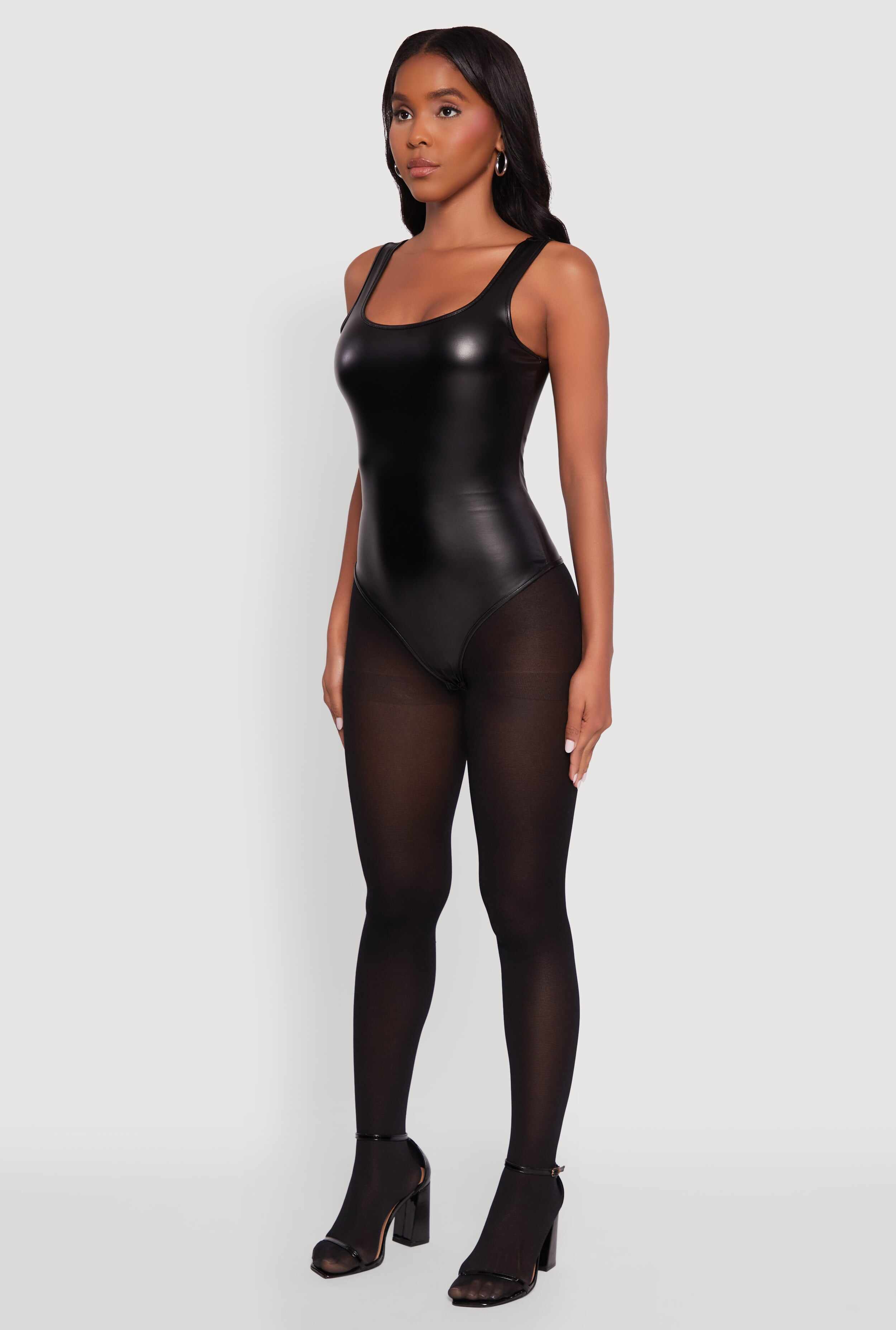 Faux Leather Sleeveless Scoop Neck Bodysuit