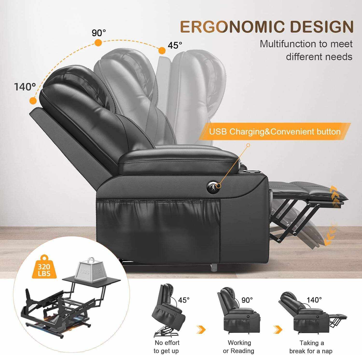YONISEE Lar2ge Lift Chairs Recliner for Elderly - Power Fabric Lift Chair Modern with Massage and Heat, Extended Footrest, 3 Positions, 2 Side Pockets, and Cup Holders, USB Ports, Coffee Color