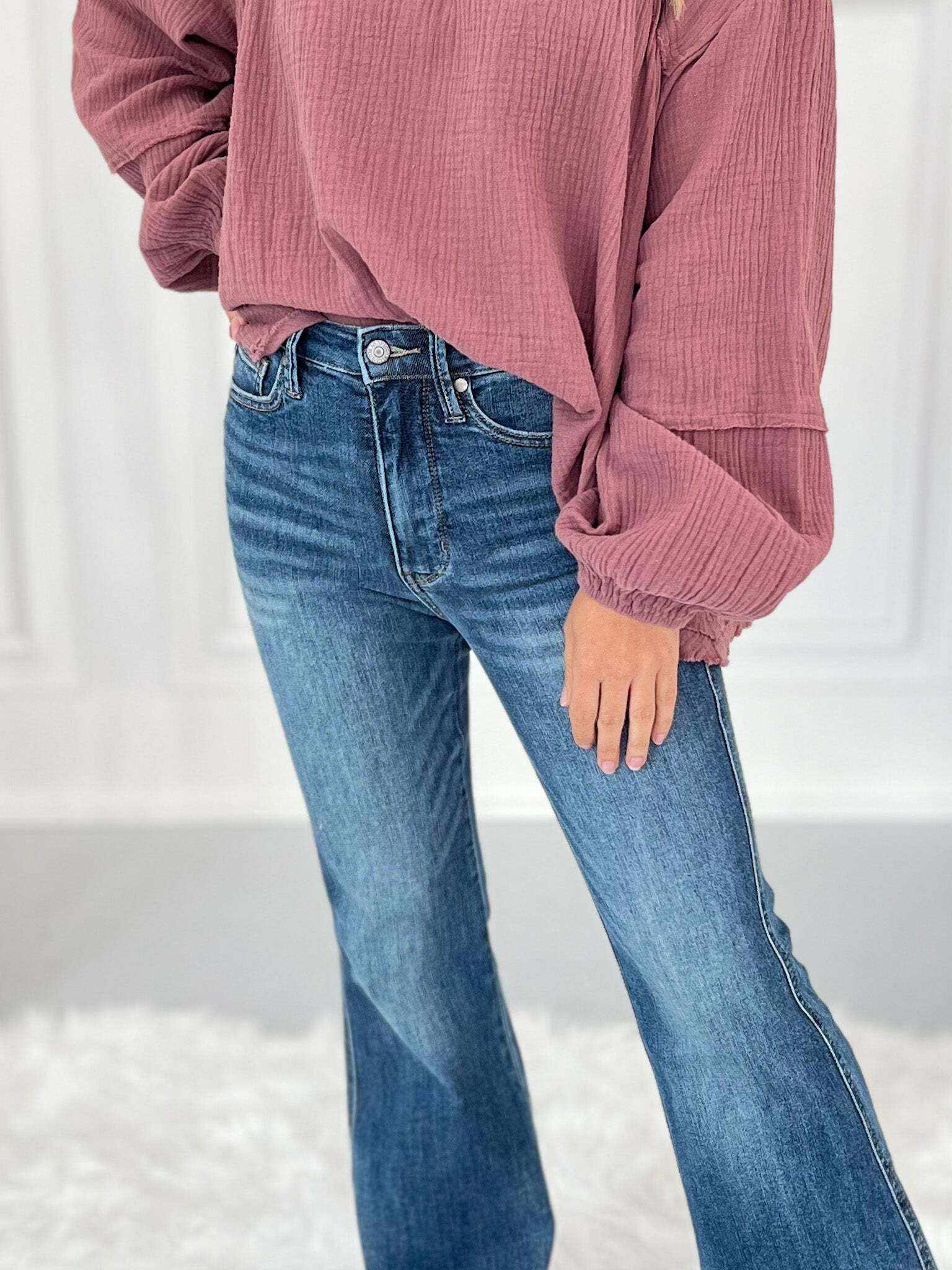 Christmas Tummy Control Fray Hem Flare Jeans- Final Sale