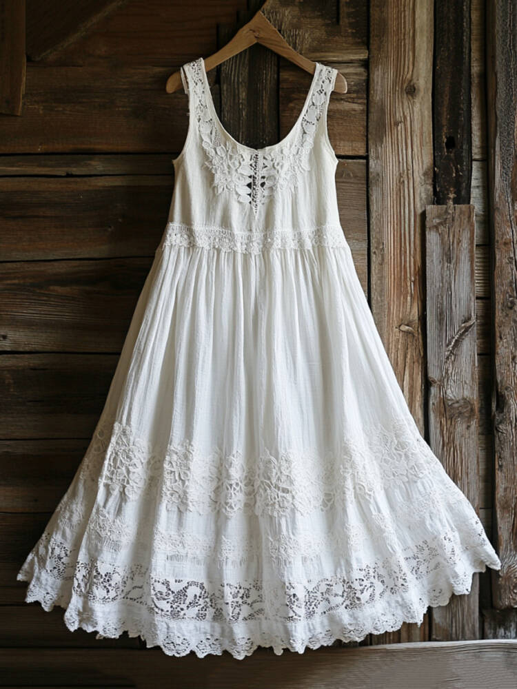Vintage Floral Lace Art Linen Tank Dress