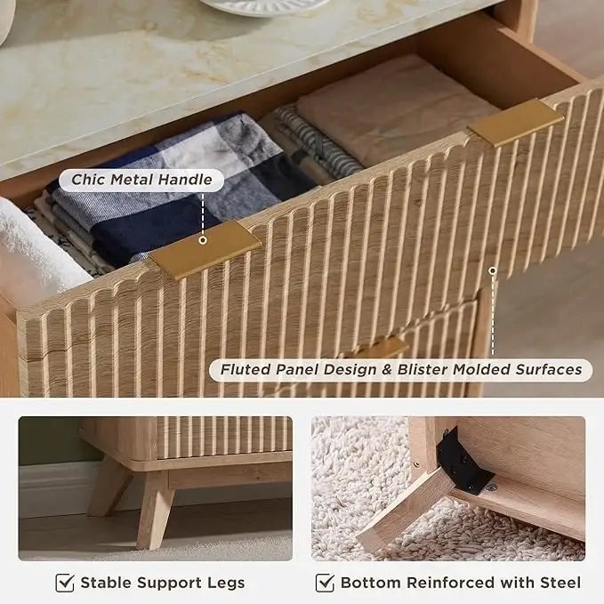 Modern Fluted 5 Drawers Dresser, Chest of Drawers, Dresser TV Stand
