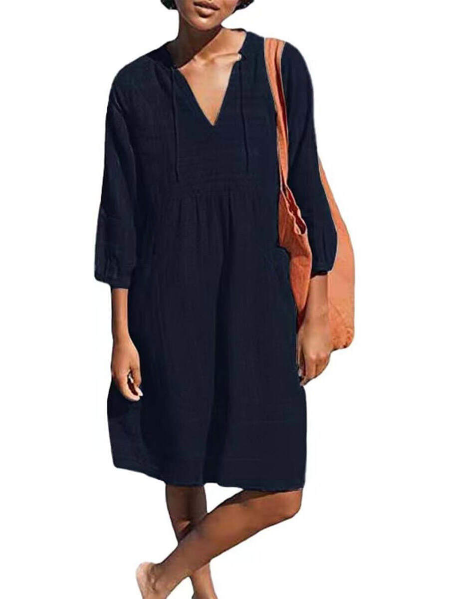 🔥Summer Arrivals🌟Women's Solid Color Loose Elegant Casual V-neck Pocket Cotton And Linen Dress