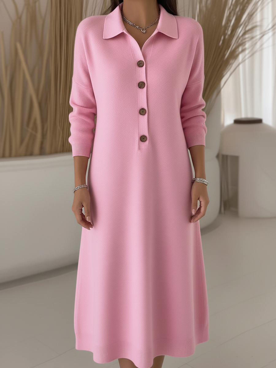 Classic Polo Collar Button Solid Color Knitted Midi Dress