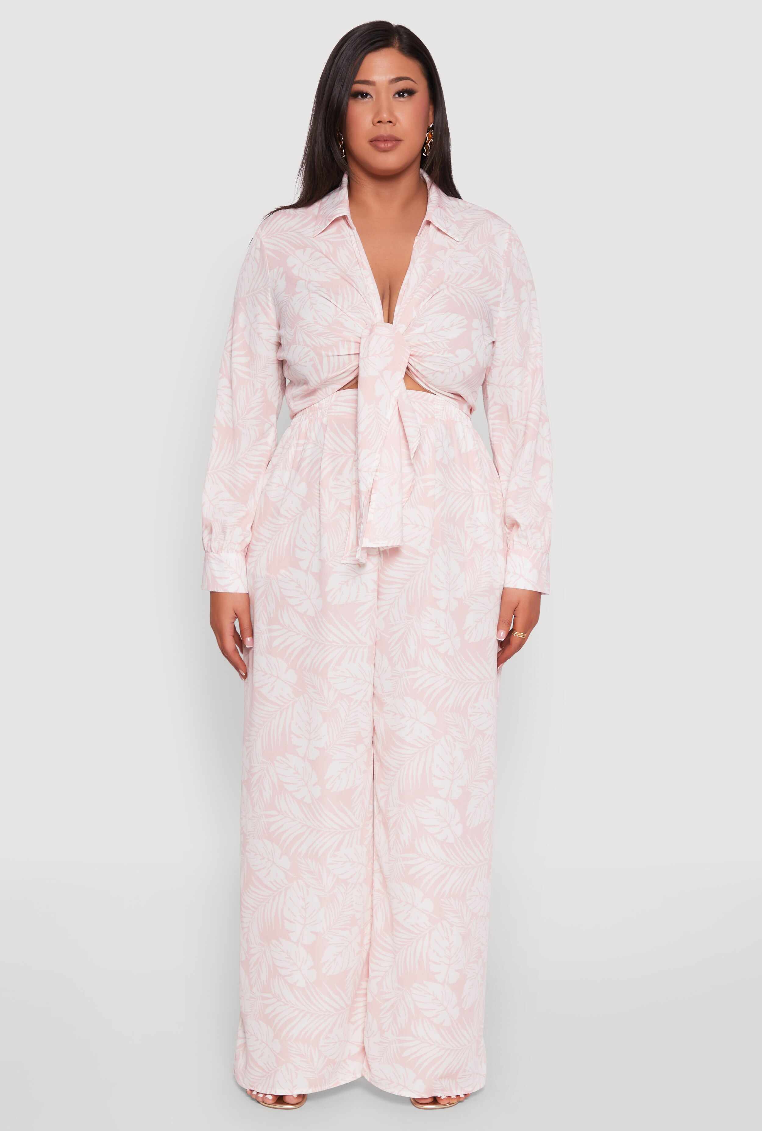 Plus Size Airy Leaf Print Palazzo Pants