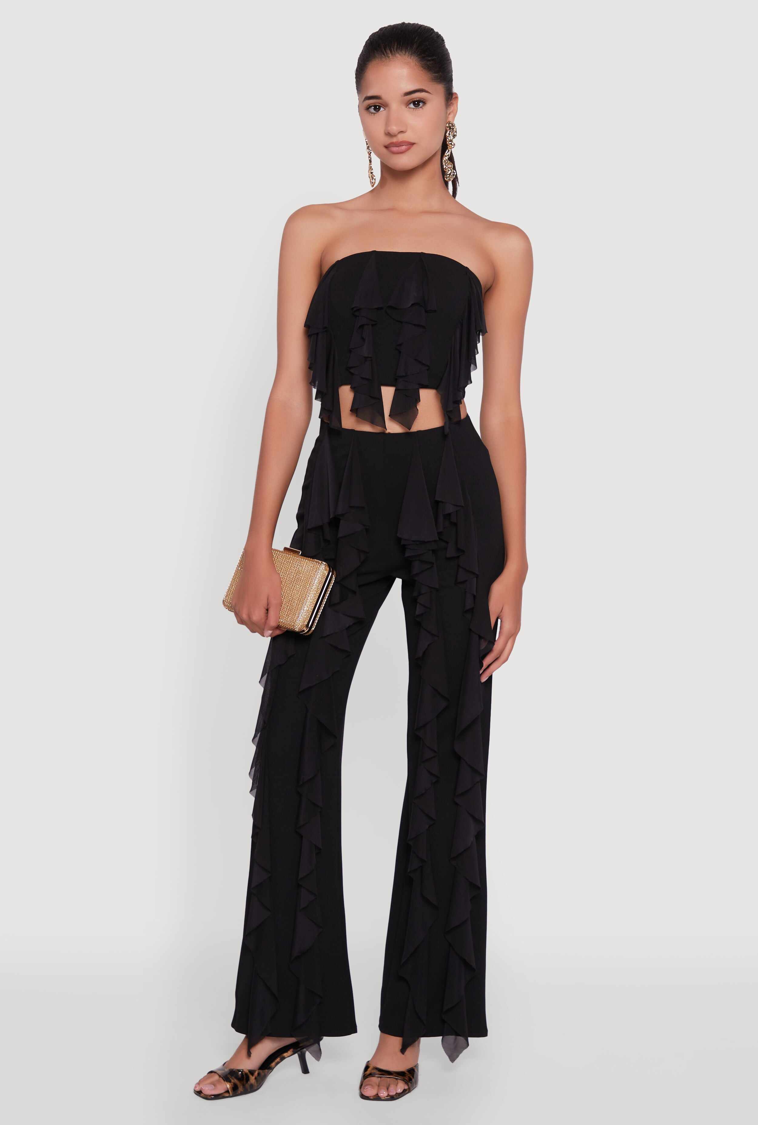 Ruffle Trim High Waisted Flared Leg Pants