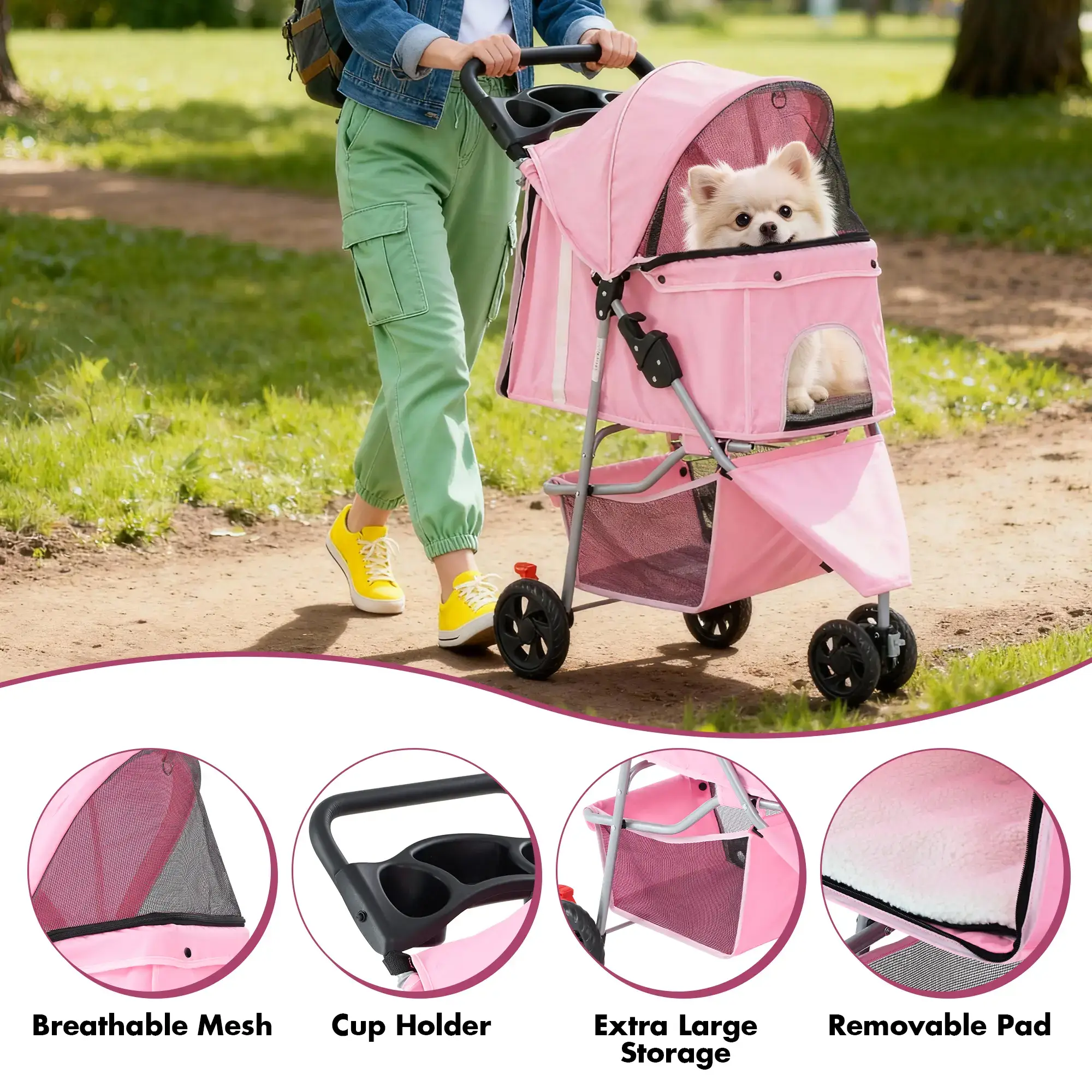 3 Wheels Pet Stroller Dog Jogging with Breathable Mesh Window, Large Storage Basket, Cup Holder, Blue