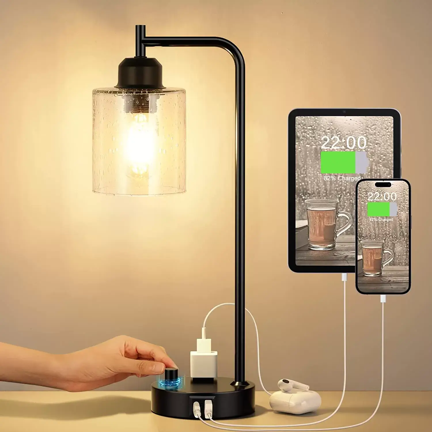 Industrial Bedside Table Lamp for Bedroom - Nightstand Lamps with USB C Charging Port, Fully Dimmable Black Lamps with USB Ports and Outlets, Small Desk Lamp with Glass Shade for Office Living Room