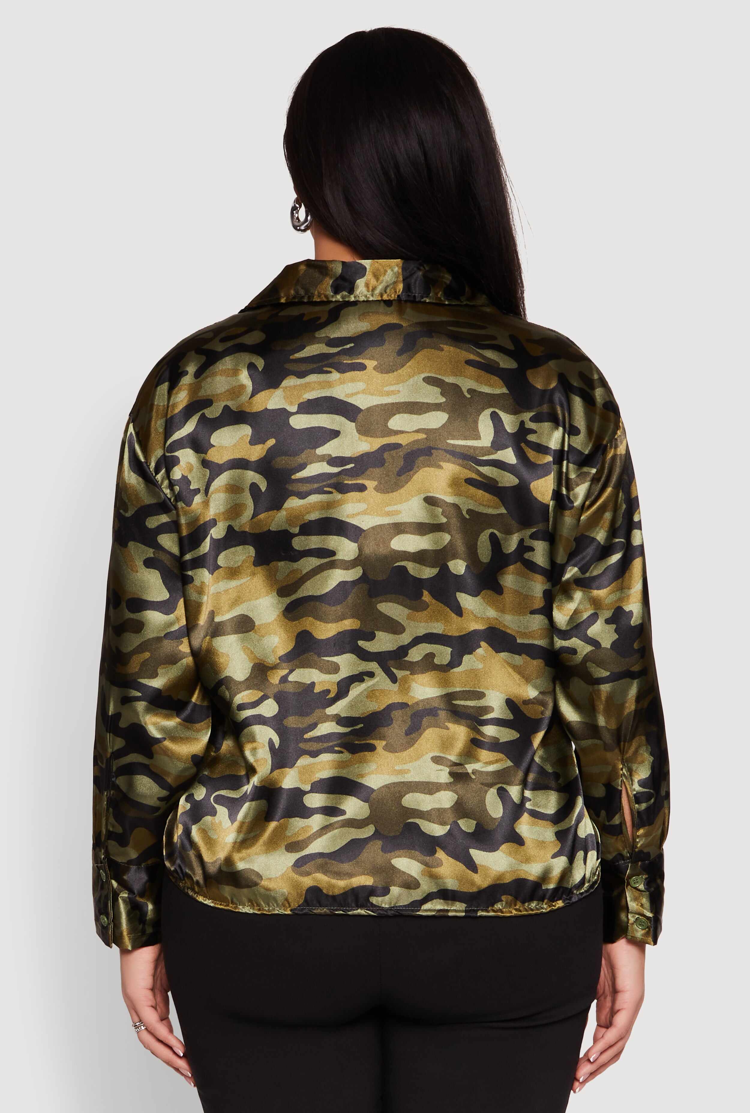 Plus Size Camo Satin Shirt