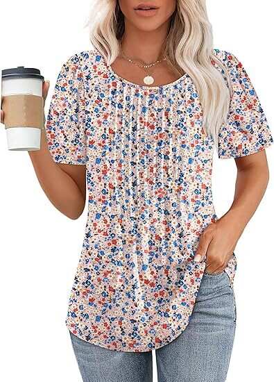 🔥Last Day Promotion🔥Womens T Shirts Short Sleeve Pleated Dressy Casual Scooped Neck Summer Tops Blouses