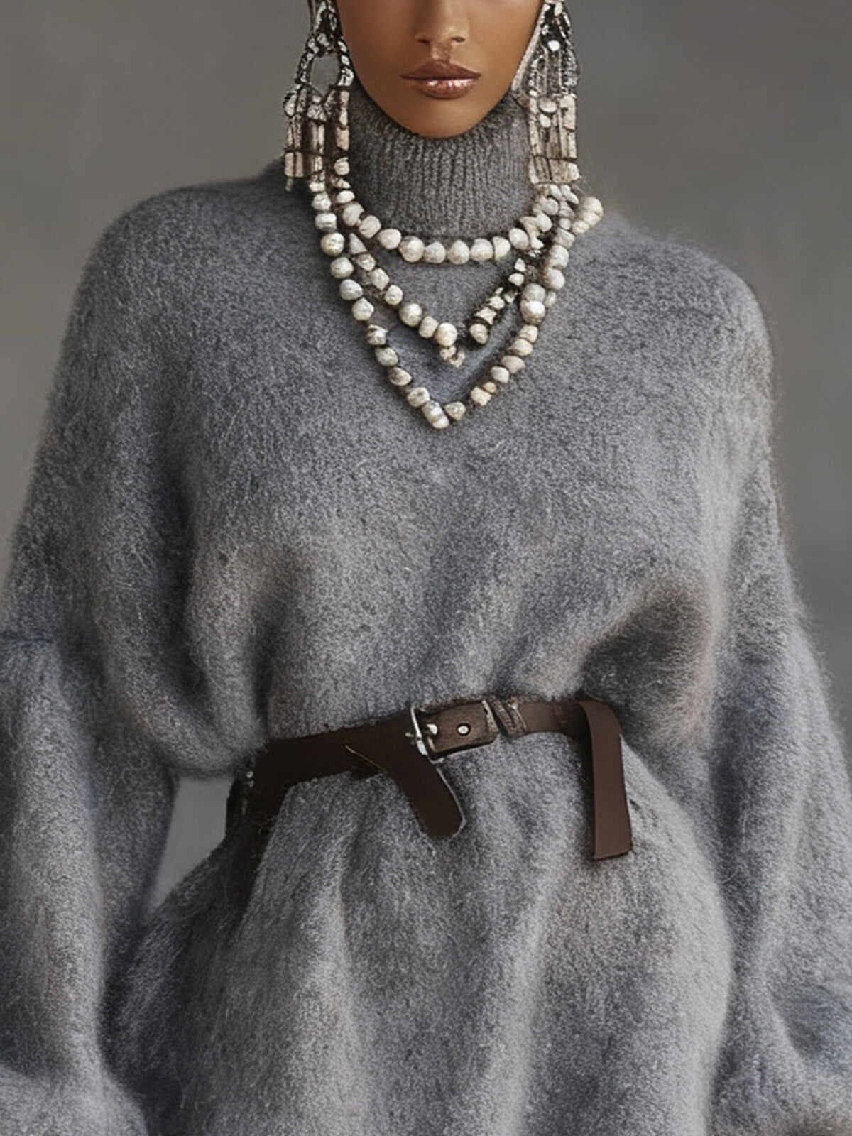 Gray Fuzzy Knit Turtleneck Dress With Balloon Sleeves And Belt