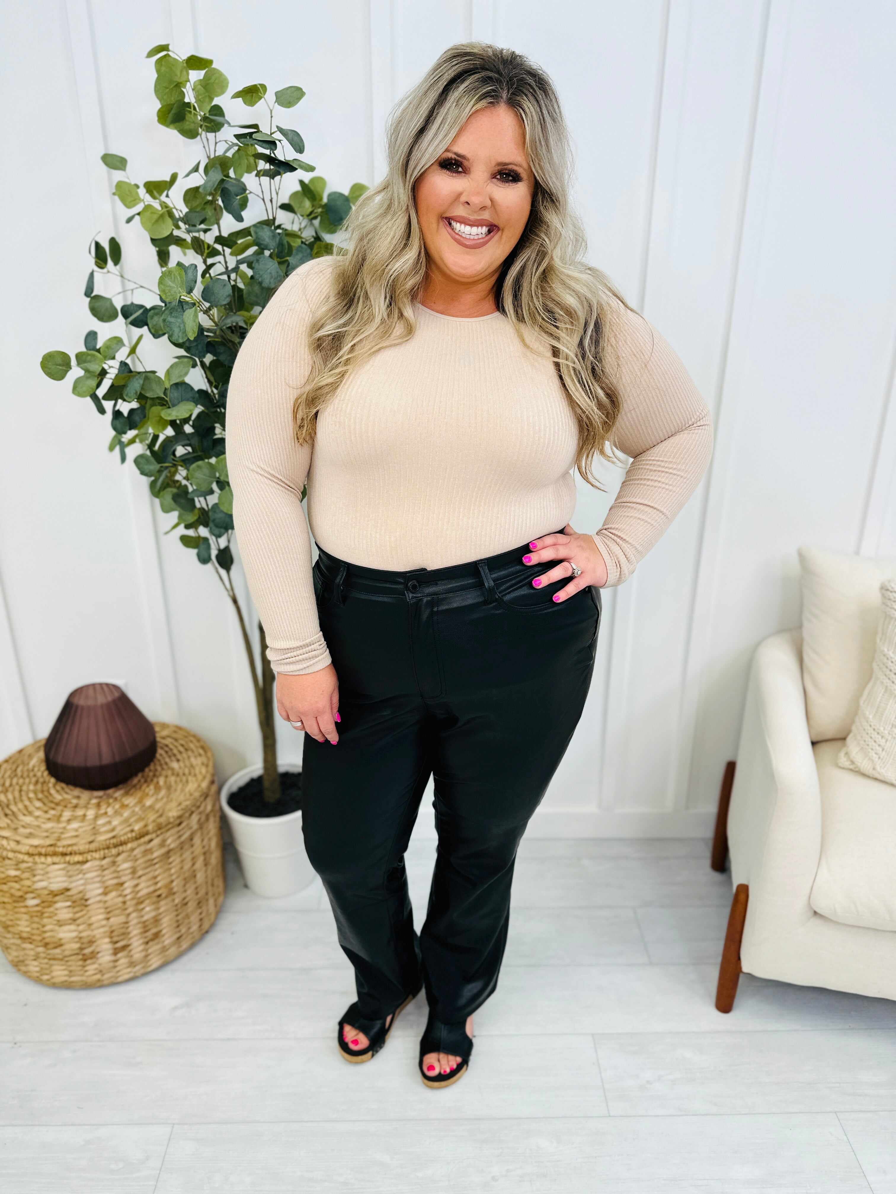REG/CURVY Like A Glove Tummy Control Black Faux Leather Straight Leg Pants