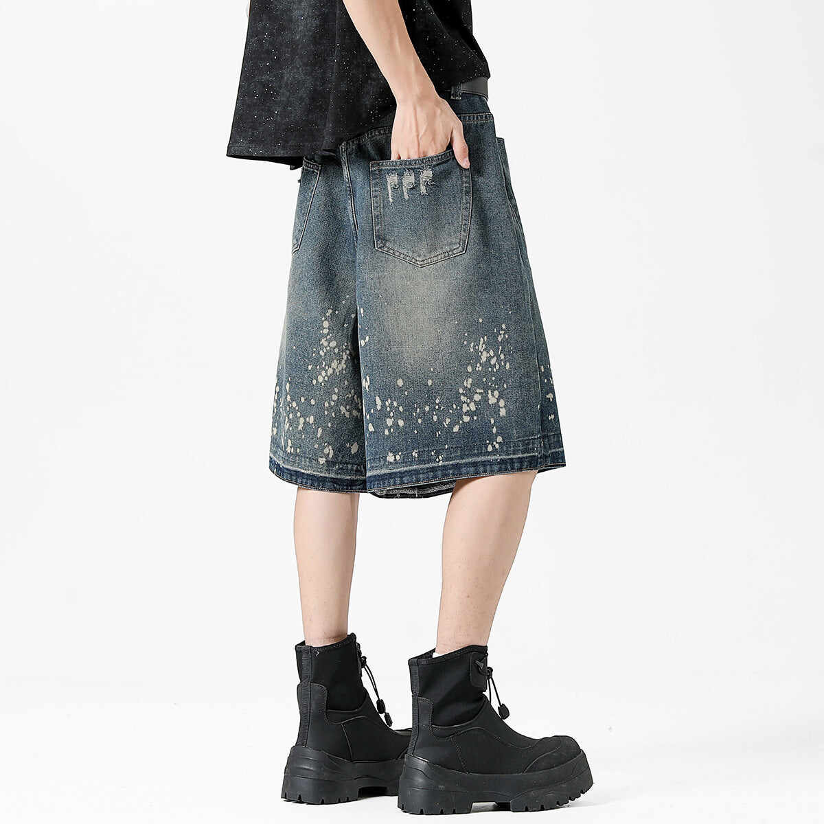 Retro Washed Ripped Splash Ink Five Points Denim Men's Shorts