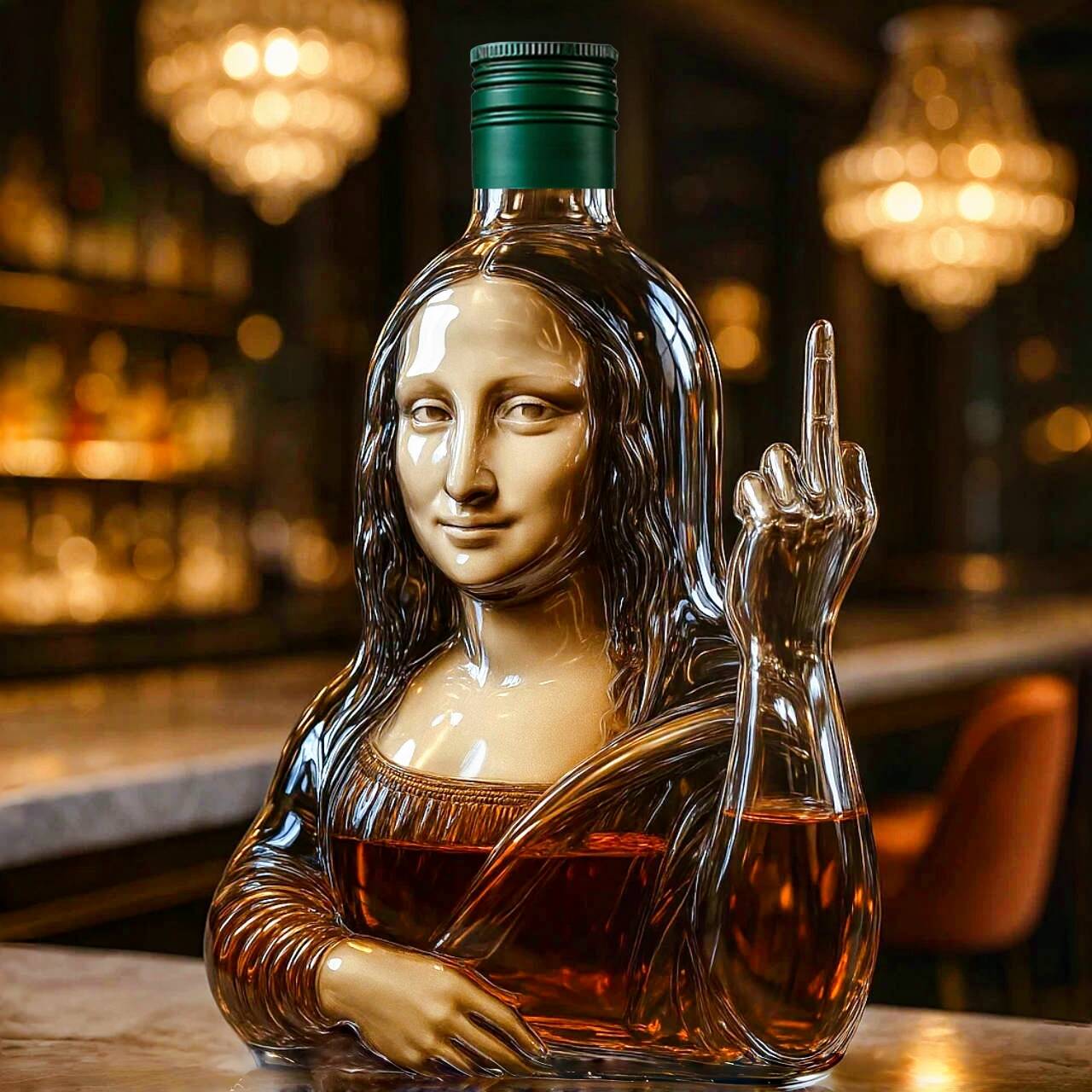 Funny middle finger Mona Lisa whiskey bottle