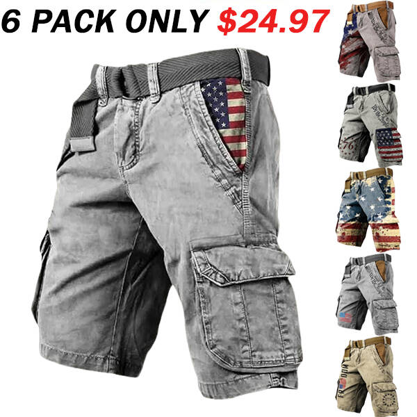 Men's Vintage Flag Independence Day Multi-Pocket Print Cargo Shorts (Belt Included)