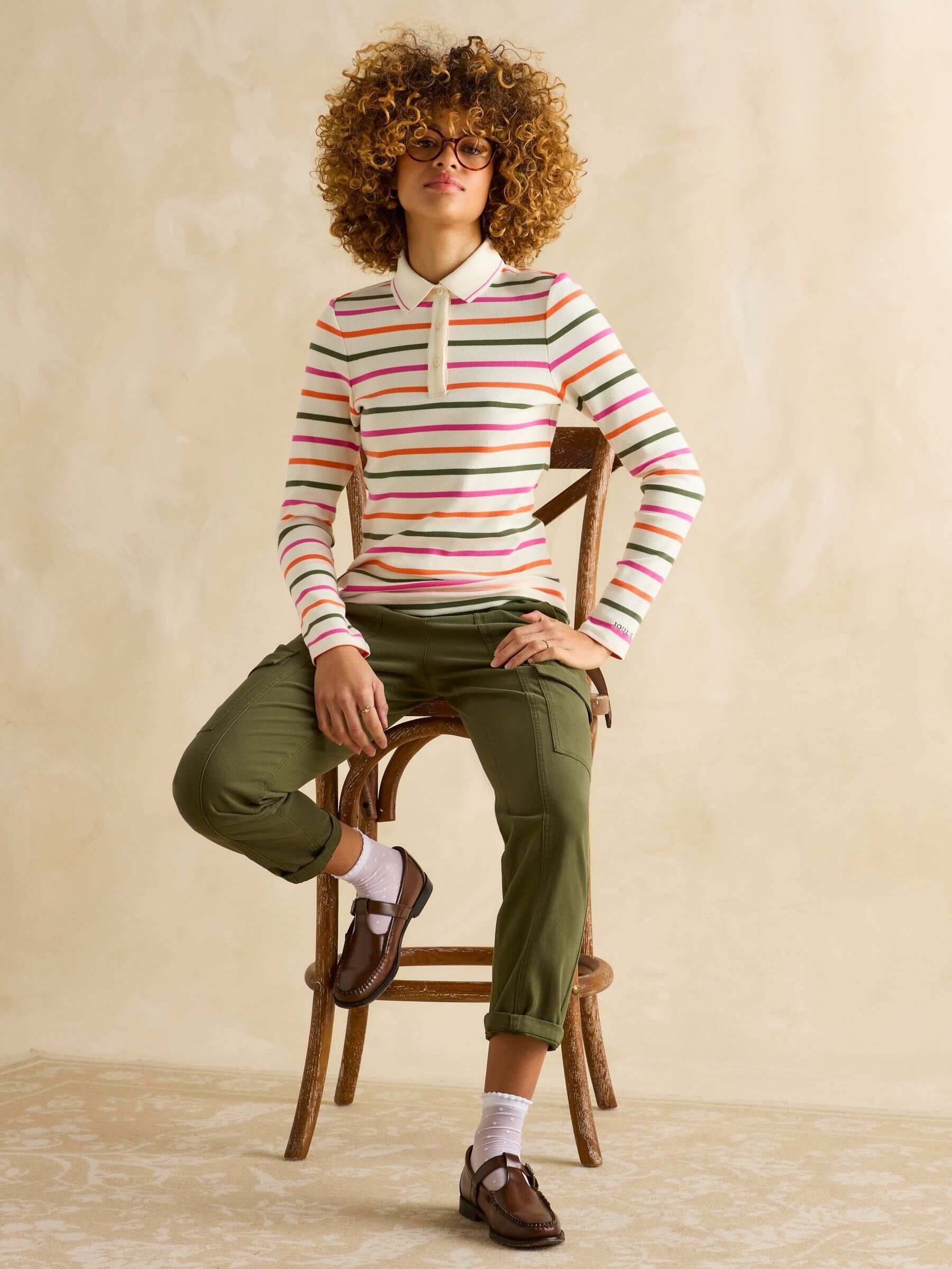 Fairfield Cream Ribbed Long Sleeve Striped Polo Shirt
