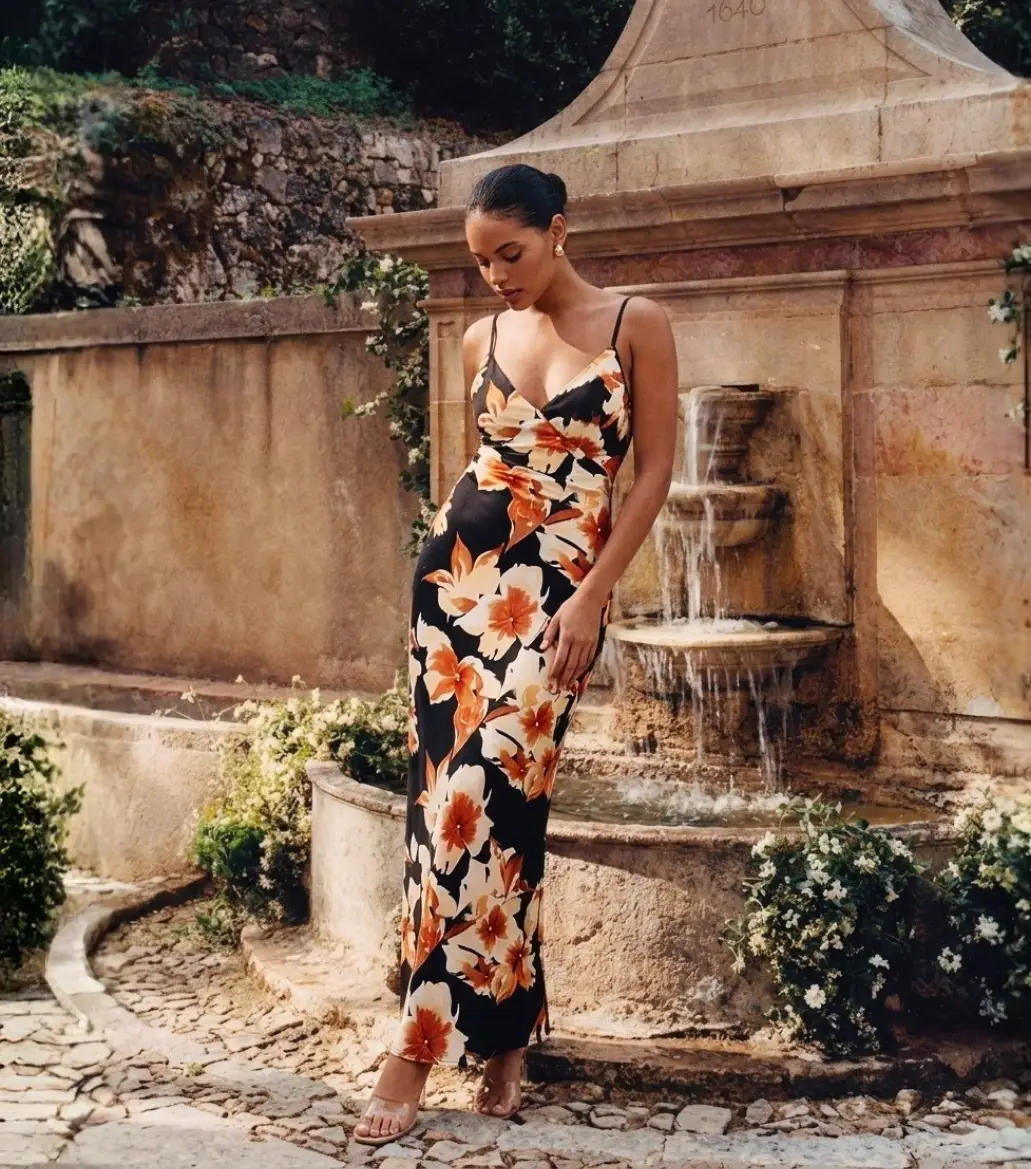 Orange Floral Print V-Neck Spaghetti Strap Wrap Maxi Dress