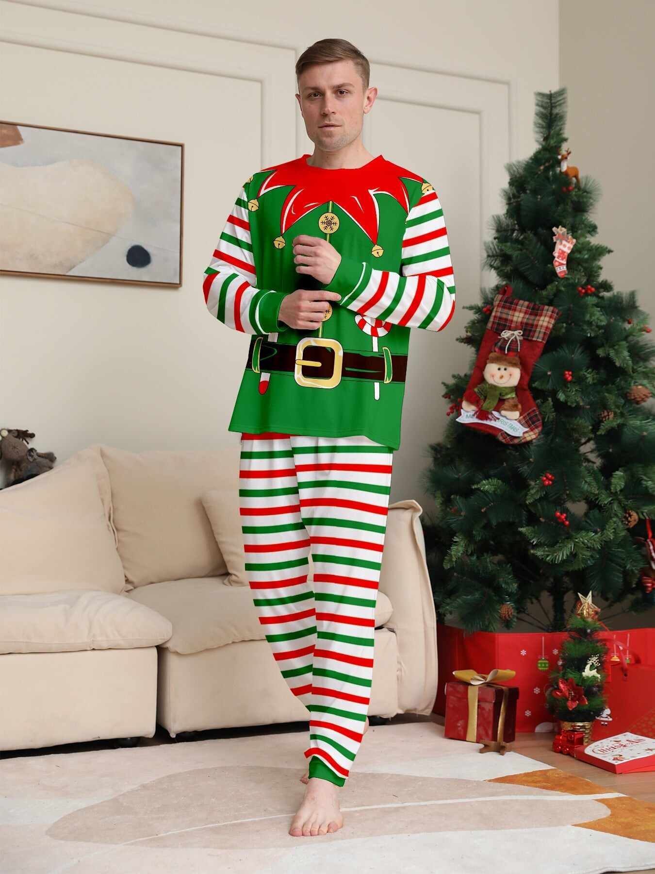 2024 3D Print Christmas Family Pajamas Red Green Striped Crutch Xmas Pajamas