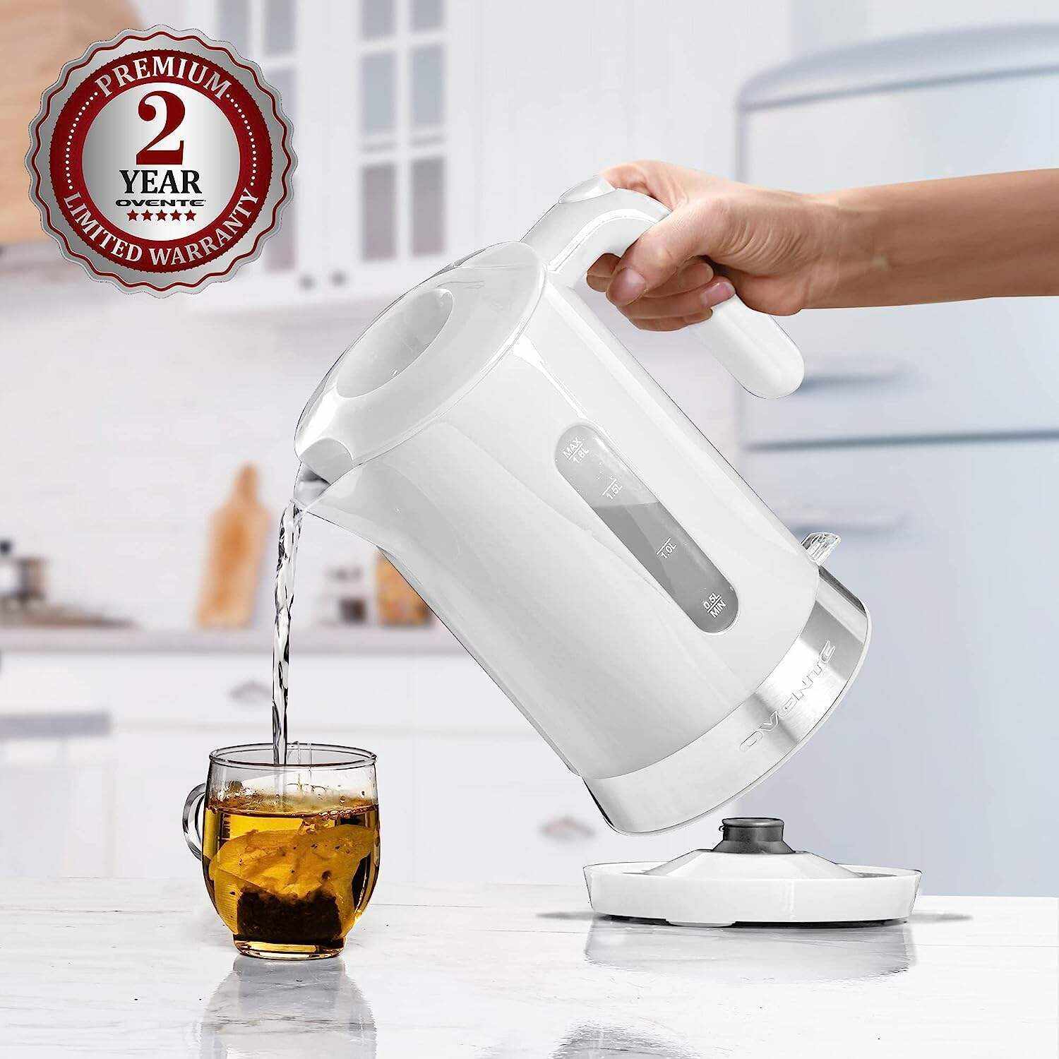 OVENTE Electric Kettle Hot Water Heater 1.7 Liter - BPA Free Fast Boiling Cordless Water Warmer - Auto Shut Off Instant Water Boiler for Coffee & Tea Pot - White KP72W