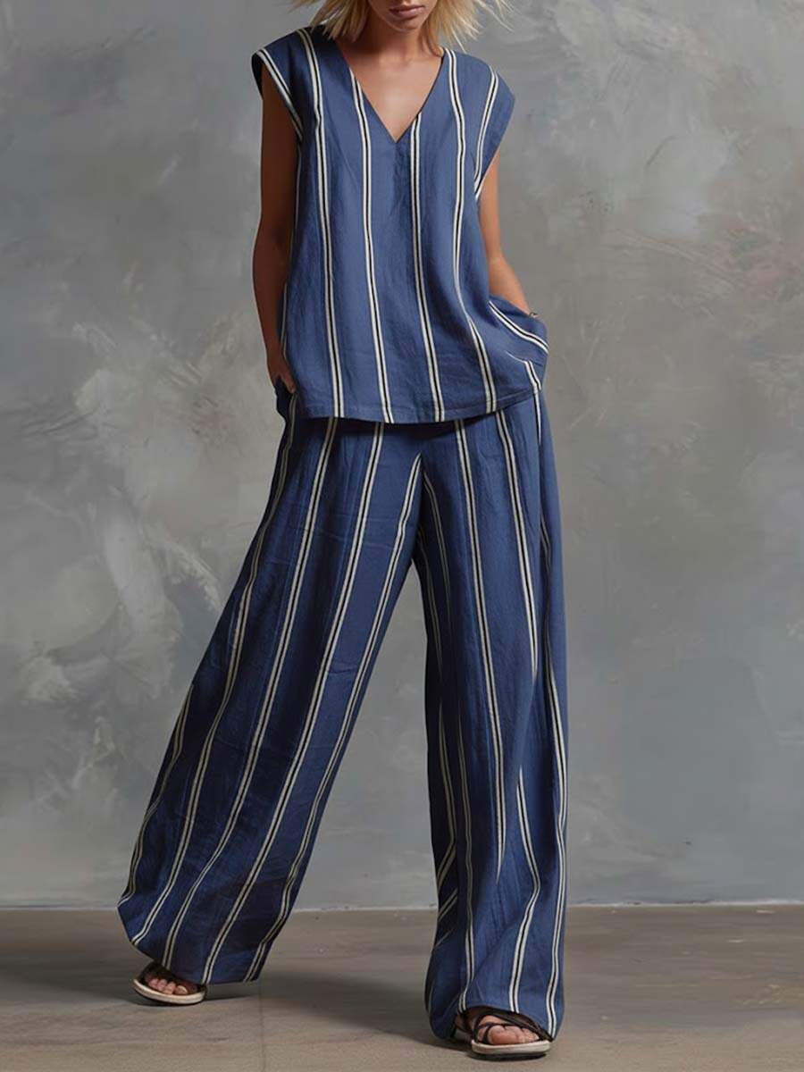 🔥Summer Arrivals🌟Women's V-neck Sleeveless Cotton Top High-waisted Casual Loose Cotton Wide-leg Pants Set