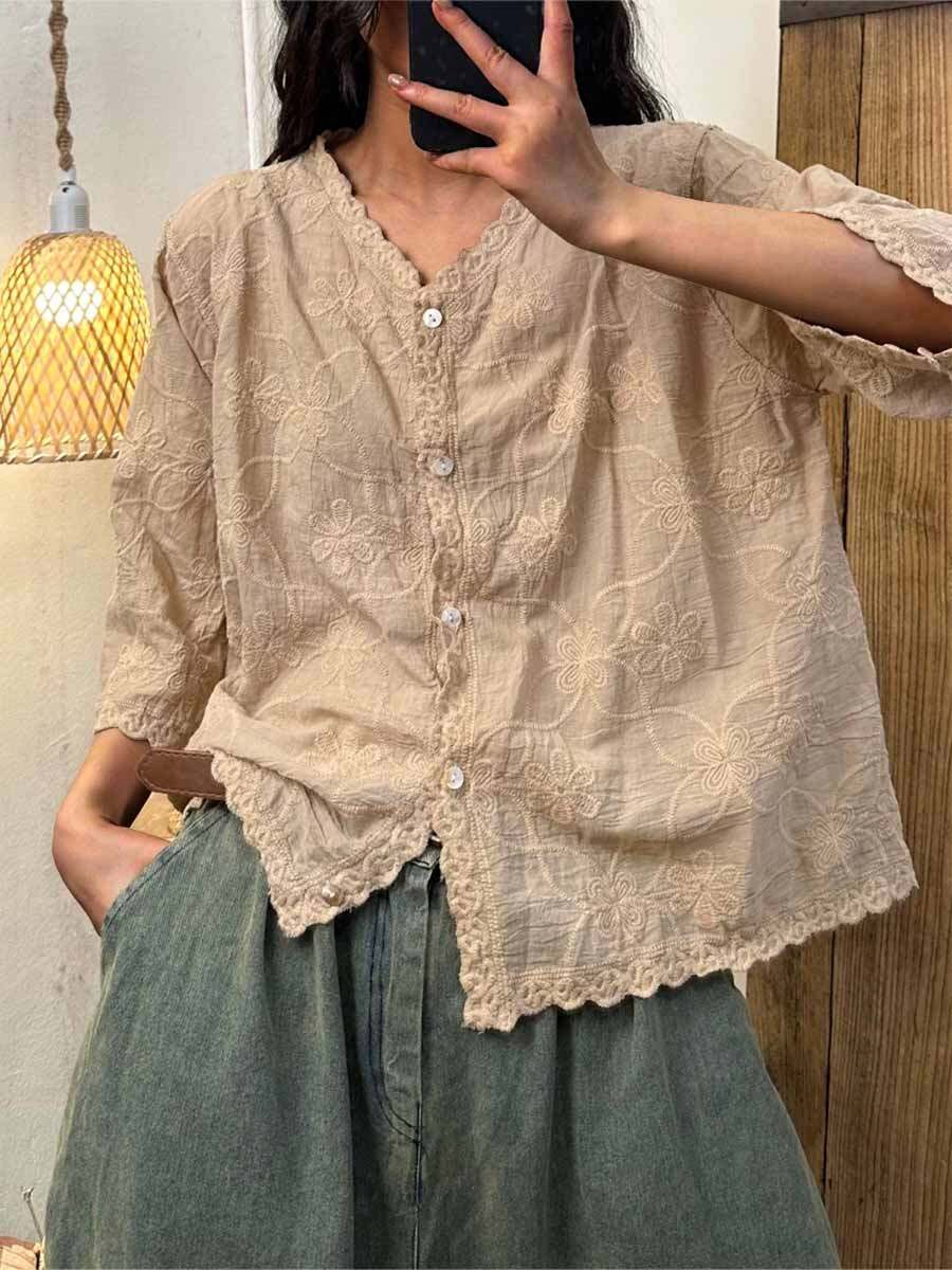 🔥Summer Arrivals🌟Women's V-neck Half Sleeve Embroidered Cardigan Buttoned Casual Linen Top