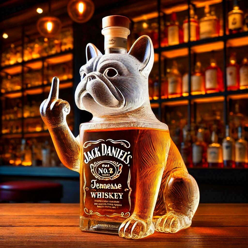 Funny French bulldog showing middle finger to whiskey bottle