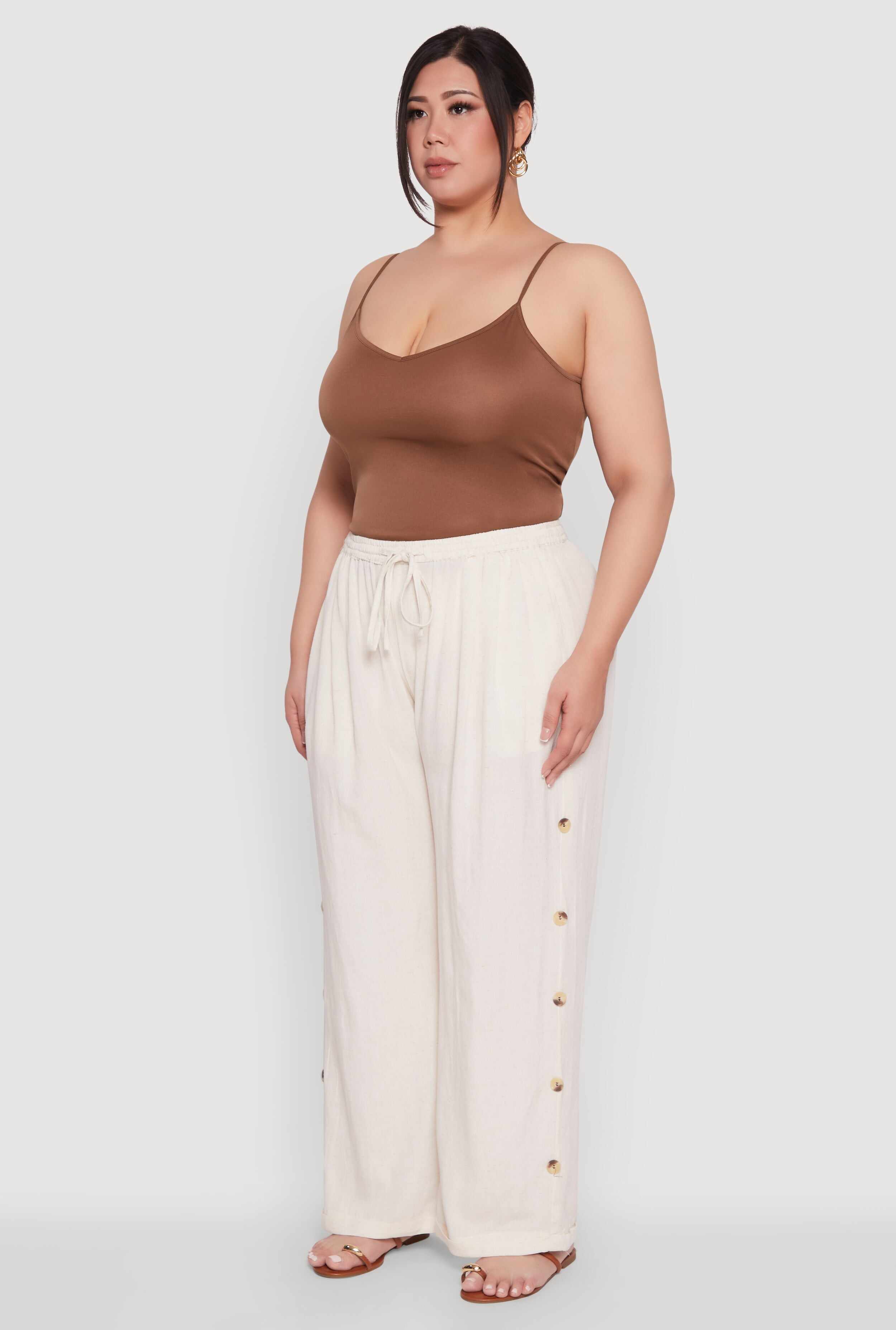 Plus Size Side Button Detail Linen Pants