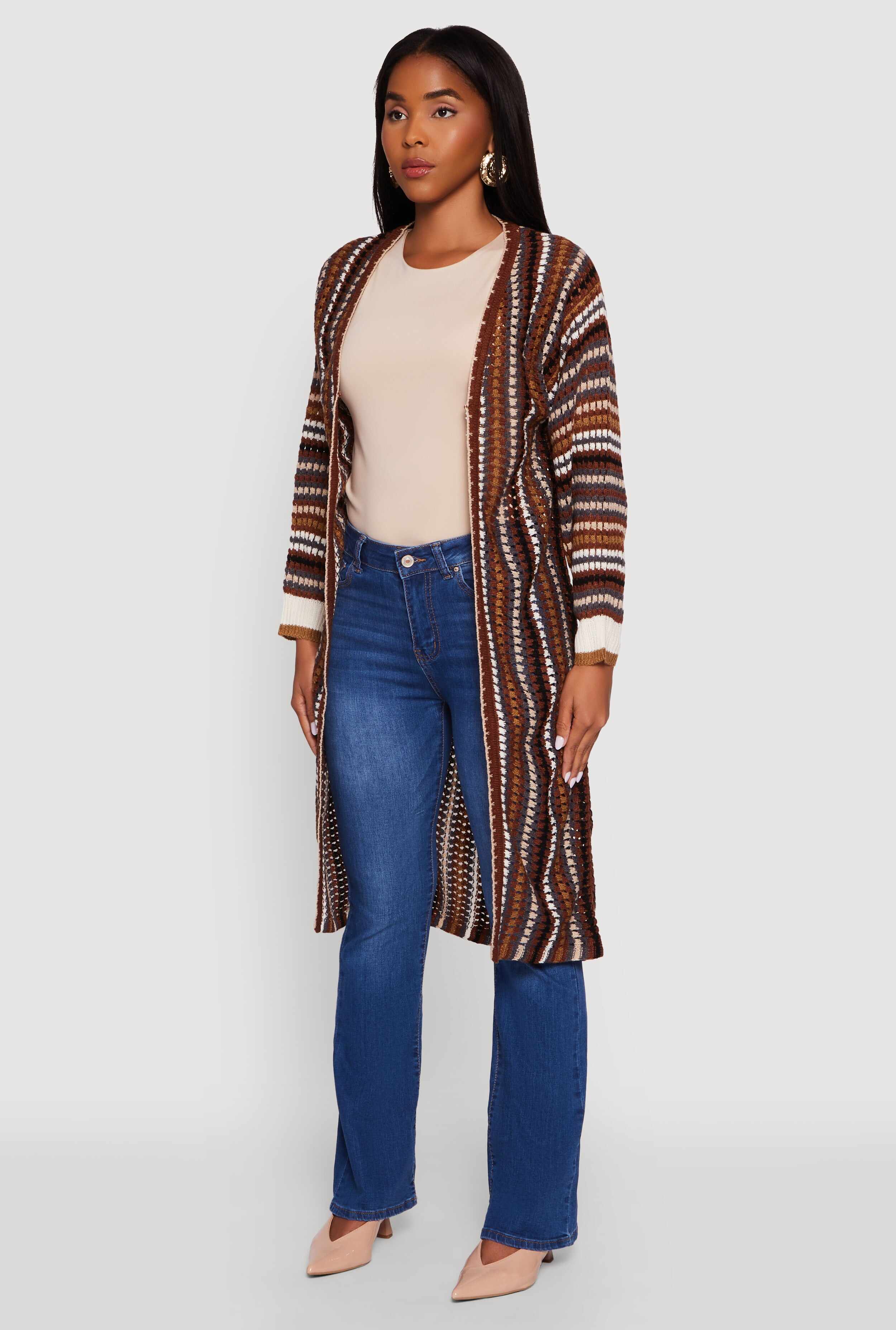 Striped Crochet Open Front Long Cardigan