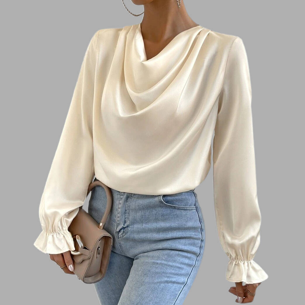 Women's Elegant Cowl Neck Long Sleeve Ruffled Cuffs Satin Blouse