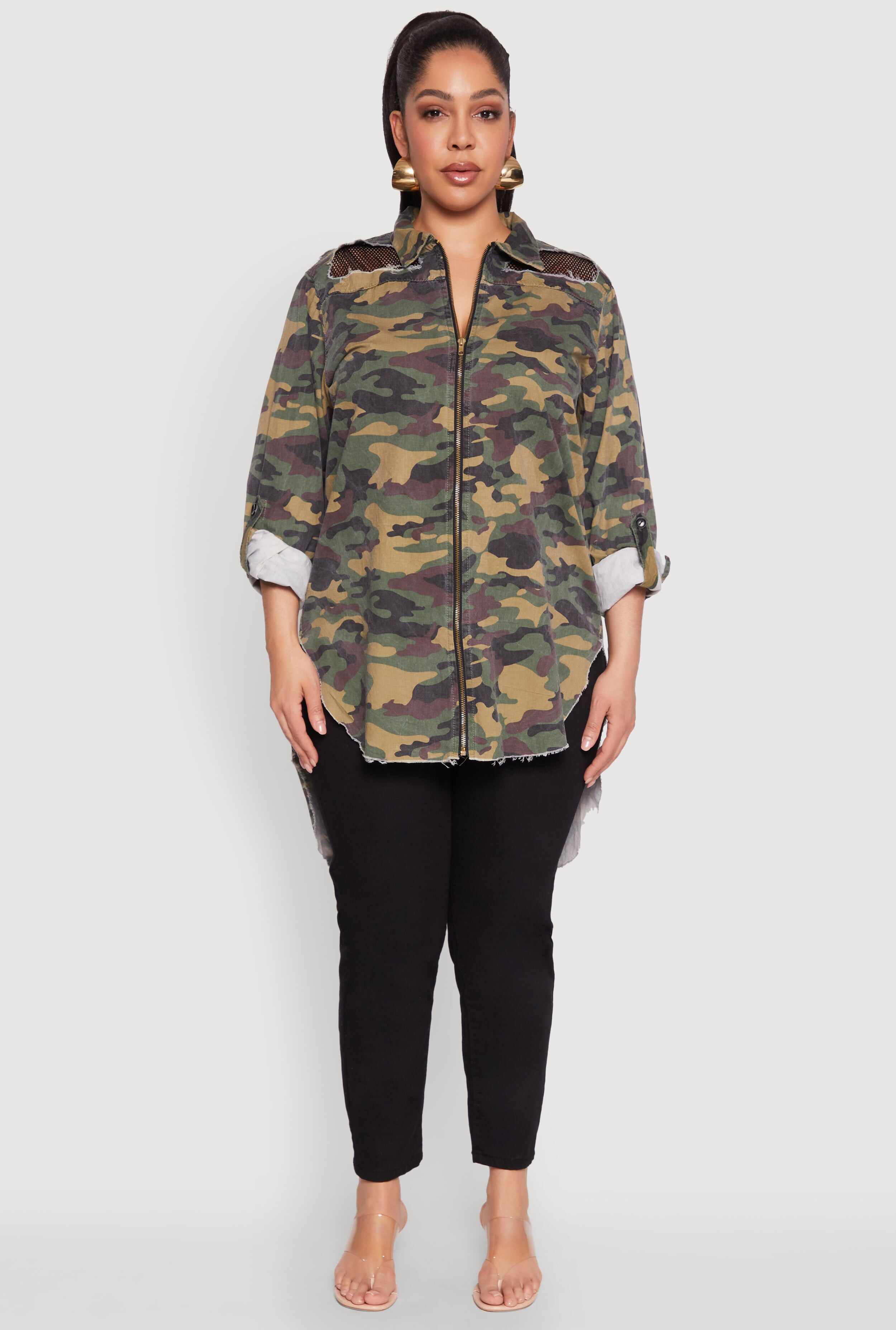 Plus Size Denim High Low Camo Top