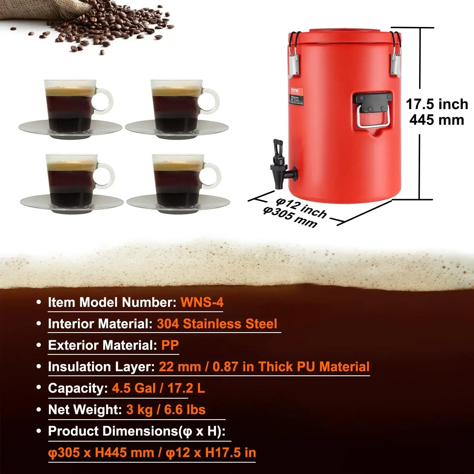 Stainless Steel Insulated Beverage Dispenser,  4.5 Gallon 17.2 Liter, Thermal Hot and Cold Drink Server Dispenser with Spigot Handle, Food-grade for Hot Tea Coffee Water Restaurant Drink Shop