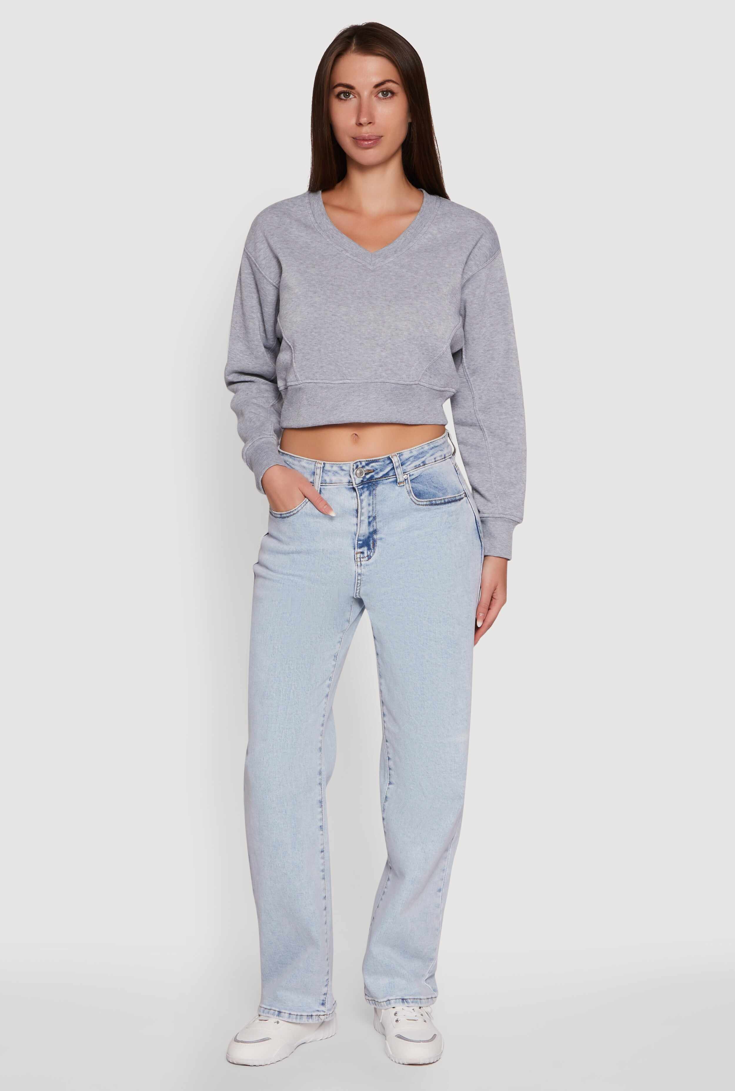 Fleece Lined V-Neck Crop Sweatshirt