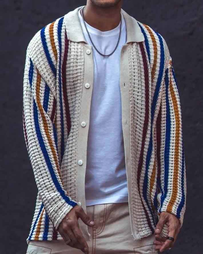 Men's Casual Striped Printed Long Sleeve Knitted Sweater Jacket
