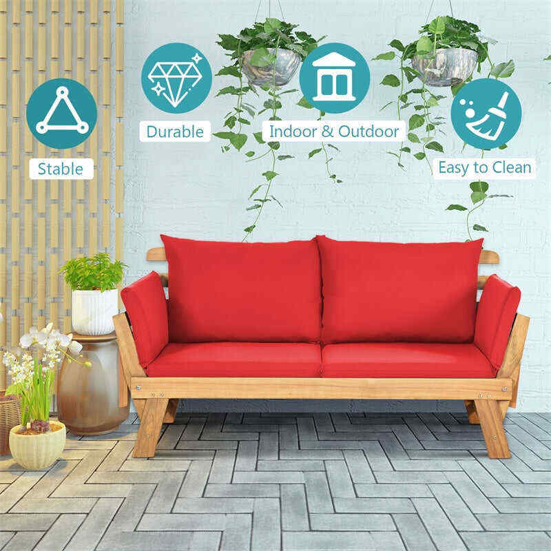 Outdoor Daybed Acacia Wood Convertible Couch Sofa Bed with Adjustable Armrest & Cushion