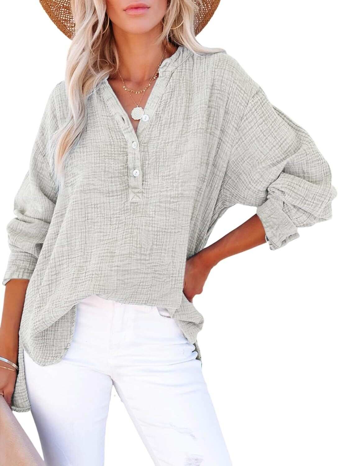 🔥10-Pack Womens Casual Gauze Button Neck Long Sleeve Oversized BlousesTops
