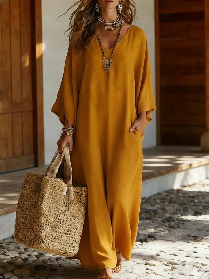 🔥Summer Arrivals🌟Elegant V-neck Linen-cotton Kaftan Dress