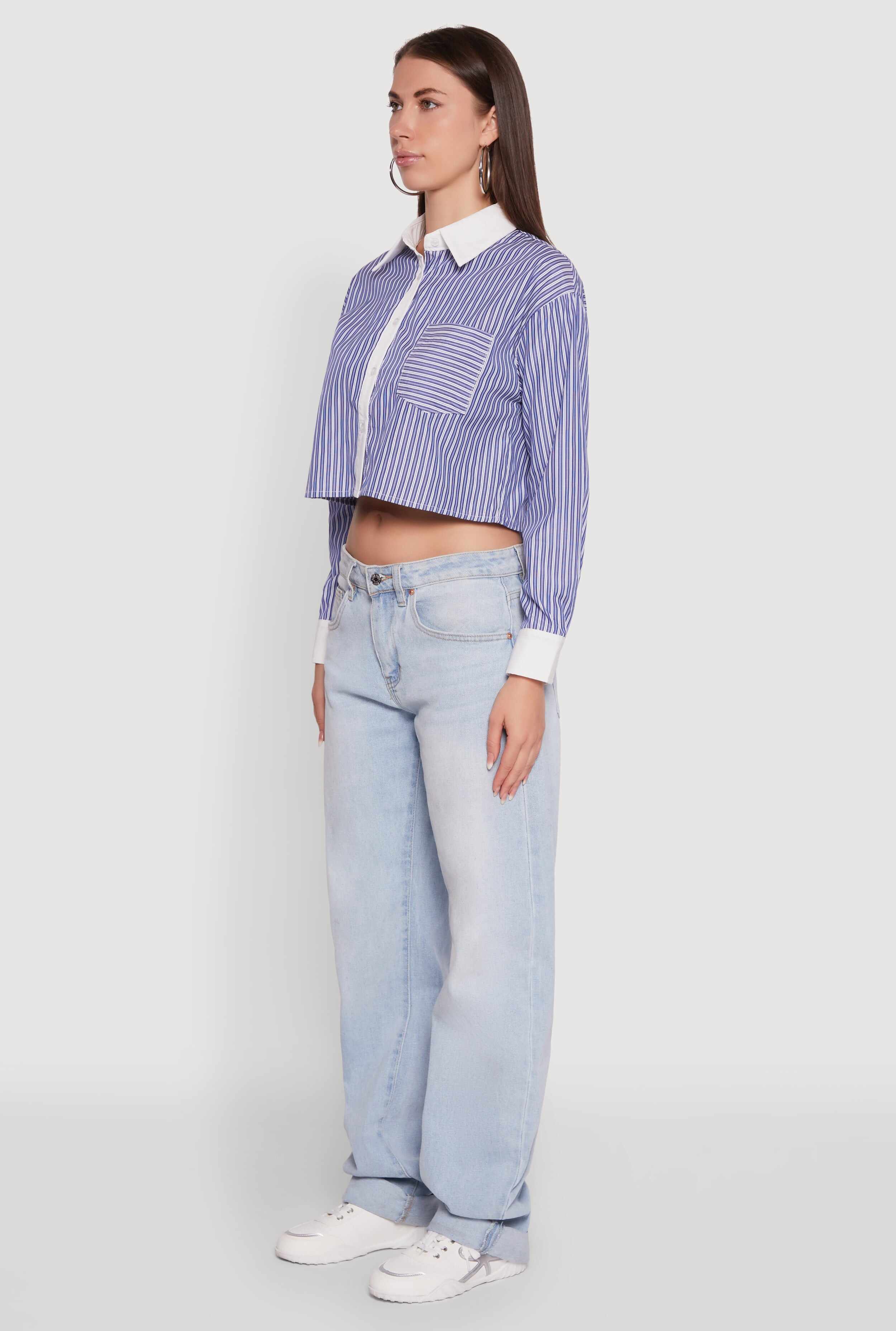 Haute Monde Poplin Button Front Striped Cropped Shirt