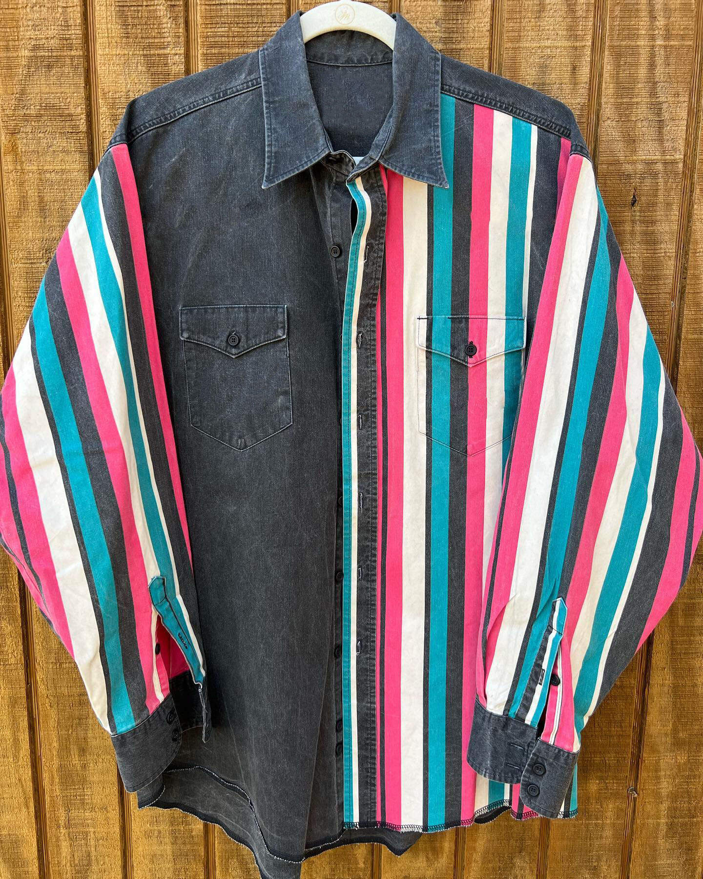 Men's Retro Casual Black Blue Stripe Print Long Sleeve Shirt